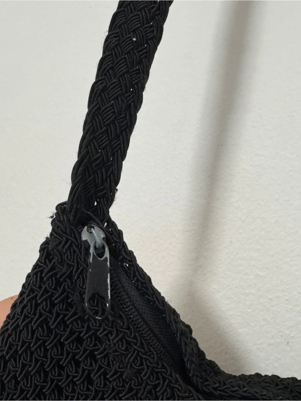 Black Crochet Knit Shoulder Bag Boho Beach Hobo Slouchy Tote Zip Closure 10x12x4